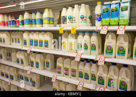 Scatole di cartone e contenitori di plastica di latte per la vendita su un supermercato Coles ripiano di Sydney , Australia Foto Stock