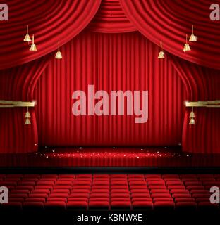 Red sipario di un palcoscenico con posti a sedere e spazio copia. illustrazione vettoriale. teatro, opera o il cinema scena. luce su un pavimento. Illustrazione Vettoriale