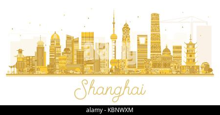 Shanghai skyline della città golden silhouette. illustrazione vettoriale. semplice piatto concetto per il turismo presentazione, banner, cartellone o sito web. Illustrazione Vettoriale