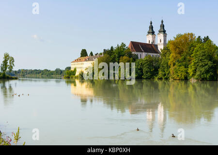 Castello monastero chiesa Schloss Vornbach, fiume Inn, Neuburg am Inn, Niederbayern, Bassa Baviera, Baviera, Baviera, Germania Foto Stock