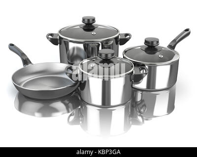Pentole e padelle. set di cottura in acciaio inox utensili da cucina e stoviglie. 3d illustrazione Foto Stock