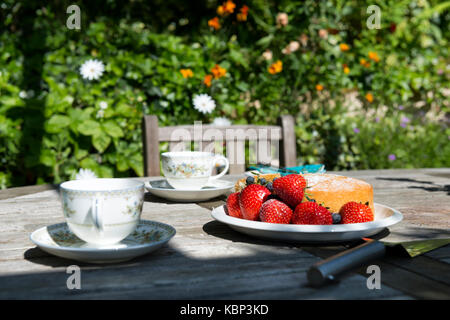 Fragole e altra frutta estiva e torte appena sfornate su un tavolo da giardino con due tazze di cina e piattini in un soleggiato giardino estivo nel Devon. Foto Stock