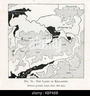 Una mappa del 1914 circa il riscaldamento globale e il livello del mare che mostra come il Killarney Lake District in Irlanda potrebbe essere allagato in caso d'innalzamento del livello dei mari. Foto Stock
