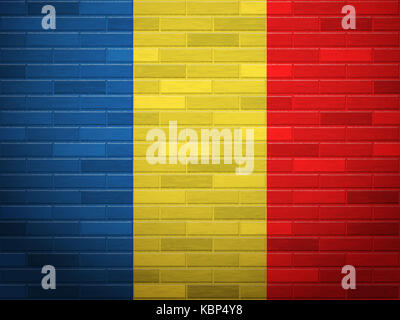 Bandiera della Romania a trama su un muro di mattoni. Foto Stock