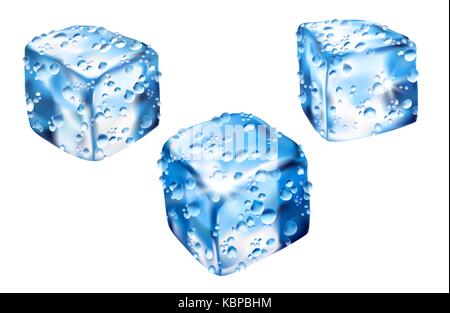 Realistiche in 3d ice cube set. acqua fredda di goccioline di colore blu riflessione. isolato sfondo bianco illustrazione vettoriale arte Illustrazione Vettoriale