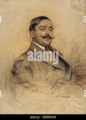 Un ritratto di Ramon Casas, un rinomato artista spagnolo, esposto al Museu Nacional d'Art de Catalunya (MNAC). Questo lavoro cattura l'essenza della ritrattistica spagnola dell'inizio del XX secolo, mostrando lo stile e la tecnica di Casas. Foto Stock