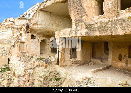Grotta di rovine città in cavusin, Cappadocia, Turchia Foto Stock