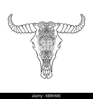 Mandala stile tatuaggio Vacche morte testa. decorazione buffalo cranio. nativo arte indiana in bianco e nero illustrazione etnici schizzo design. tribale stile Boho pattern. Foto Stock