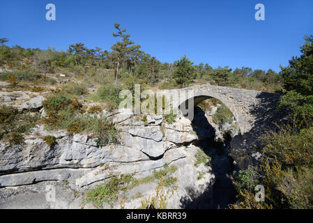 Humpback ponte (1787), il Pont de sautet, oltre jabron river canyon, vicino trigance, in verdon gorge parco regionale Provence Francia Foto Stock