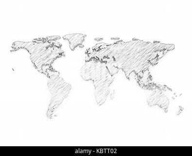 Mappa mondo 3d schizzo a matita isolati su sfondo bianco Foto Stock