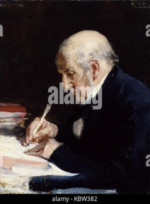 Questo ritratto di Alfred Edward Emslie raffigura William Ewart Gladstone, il primo ministro britannico. L'immagine cattura la sua posa dignitosa ed è una rappresentazione storica di una delle figure politiche britanniche più importanti del XIX secolo. Foto Stock