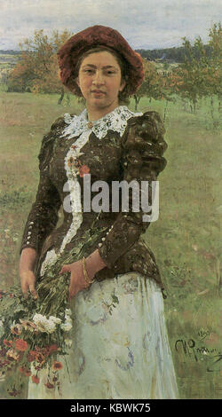 Questa opera dell'artista russo Ilya Repin, intitolata "Bouquet", mostra la sua maestria nella pittura di natura morta, con un'esposizione di fiori accuratamente organizzata. L'attenzione di Repin ai dettagli e la rappresentazione realistica degli oggetti di uso quotidiano sono evidenti in questo pezzo. Foto Stock