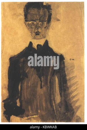 Questo titolo si riferisce ad un autoritratto dell'artista austriaco Egon Schiele, creato nel 1910. Il dipinto raffigura Schiele in un abito nero ed è un esempio del suo stile distinto ed emozionale. Foto Stock