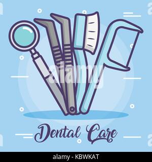 Dental care le relative icone su sfondo blu design colorato illustrazione vettoriale Illustrazione Vettoriale