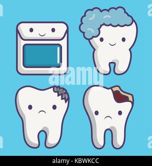 Dental care le relative icone su sfondo blu design colorato illustrazione vettoriale Illustrazione Vettoriale