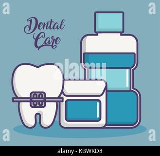 Dental care le relative icone su sfondo blu design colorato illustrazione vettoriale Illustrazione Vettoriale