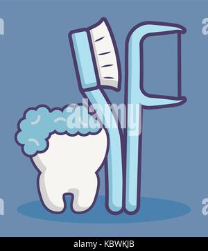 Dental care le relative icone su sfondo blu design colorato illustrazione vettoriale Illustrazione Vettoriale