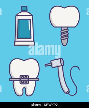 Dental care le relative icone su sfondo blu design colorato illustrazione vettoriale Illustrazione Vettoriale