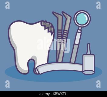 Dental care le relative icone su sfondo blu design colorato illustrazione vettoriale Illustrazione Vettoriale