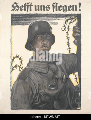Questo poster dell'era della prima guerra mondiale, intitolato "Helft uns siegen" ("aiutaci a vincere"), è stato creato da Erler. Promuove il sostegno allo sforzo bellico, incoraggiando i cittadini a contribuire alla causa militare attraverso la propaganda. Foto Stock