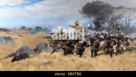L'illustrazione di Wilhelm Kuhnert raffigura la battaglia di Mahenge, mostrando il conflitto e l'impegno militare. Questa battaglia ebbe luogo durante la campagna dell'Africa Orientale tedesca nella prima guerra mondiale Foto Stock