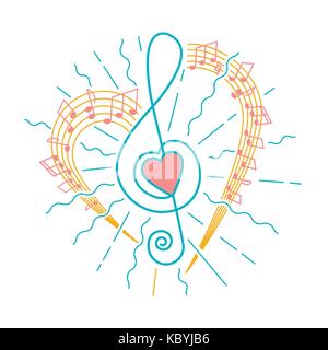 Concetto di rappresentazione musicale nella forma di una chiave di violino con un cuore e battenti raggi e note. Icona in stile lineare Illustrazione Vettoriale