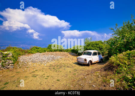 Old fashion auto rottamata in natura in skrip vilage sull'isola di Brac, DALMAZIA, CROAZIA Foto Stock