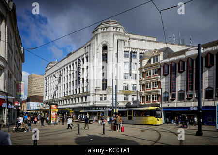 Manchester Piccadilly area Debenhams Rylands edificio in stile Art Deco. Pietra di Portland Il Grade ii Listed Market Street da architetti Fairhursts Foto Stock