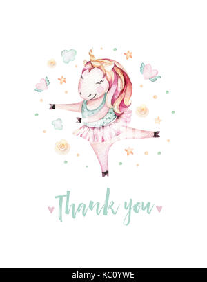 Isolato carino acquerello unicorn illustrazione. vivaio unicorns art. princess unicorns poster. miracolo alla moda rosa cartoon cavallo. Foto Stock