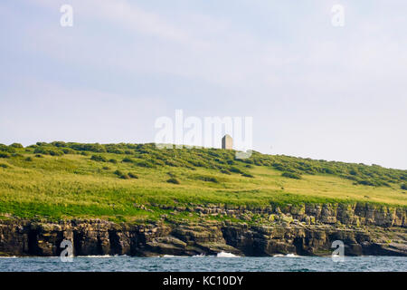 Isola dei puffini o Priestholm chiesa del XII secolo dedicata a San Seiriol con colonie di nidificazione di uccelli di mare sui cornicioni rocciosi. Anglesey Wales UK Foto Stock