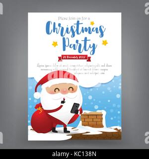 Babbo Natale cartone animato con smart phone in mano Merry Christmas invito modello di scheda per il tag banner Promozione vendita stile sconto illustrazione vettoriale Illustrazione Vettoriale