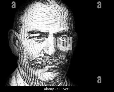 Un pezzo di una bolletta di denaro che mostra una persona importante Foto Stock