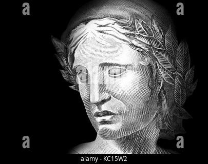 Un pezzo di una bolletta di denaro che mostra una persona importante Foto Stock