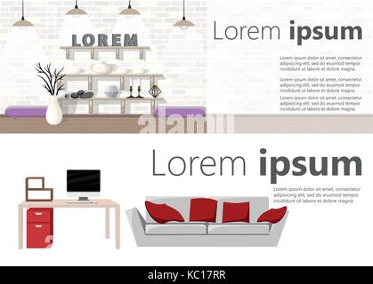 Interni arredamento soggiorno con divano, tavolo Lampada finestra immagini. vettore. due banner per il web design. ufficio tema. workplace. design piatto vettore i Illustrazione Vettoriale