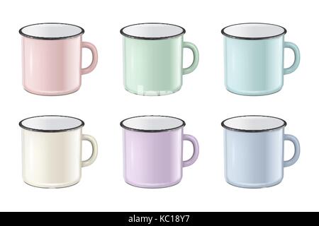 Vettore di smalto realistico metallo in colori pastello - rosa, verde e blu - mug set isolato su sfondo bianco. eps10 Modello di progettazione per mock up. Illustrazione Vettoriale