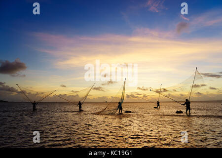 Ci sono molti pescatori sono la pesca sulla spiaggia di Alba, il delta del Mekong, Bac Lieu, Vietnam Foto Stock