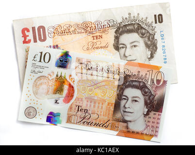 Nuovo 2017 British dieci pound nota e vecchia carta nota insieme Foto Stock
