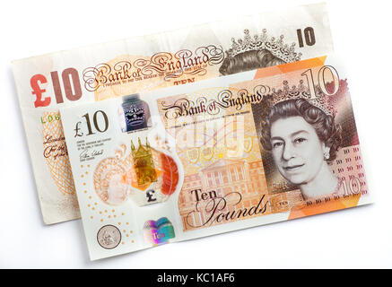 Nuovo 2017 British dieci pound nota e vecchia carta nota insieme Foto Stock
