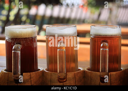 Tre bicchieri di birra contenenti ciascuna un tipo diverso. Foto Stock
