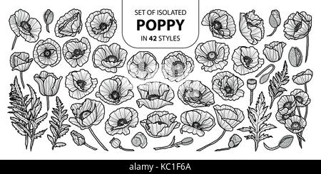Set di papavero isolati in 42 stili. carino disegnato a mano illustrazione vettoriale nel contorno nero e il piano bianco su sfondo bianco. Illustrazione Vettoriale
