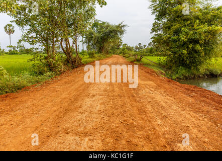 Rosso su strada sterrata passando attraverso verdi campo in una campagna. Foto Stock