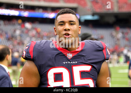 Houston, Texas, Stati Uniti d'America. 1 Ott 2017. Houston Texans difensivo fine Christian Covington (95) a seguito di Houston 57-14 win su Tennessee Titans a NRG Stadium di Houston, TX in ottobre1, 2017. Credito: Erik Williams/ZUMA filo/Alamy Live News Foto Stock