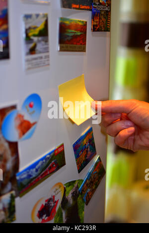 Post-it/promemoria su una porta frigo Foto Stock