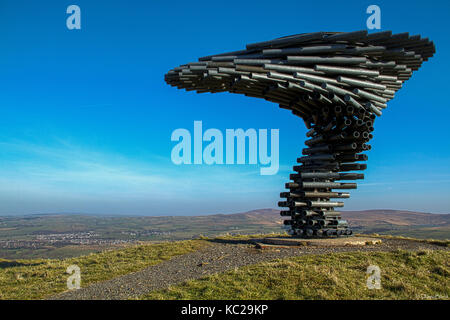 Singing Ringing Tree scultura realizzata in acciaio zincato tubazioni in Crown Point, Burnley, Lancashire, Regno Unito Foto Stock