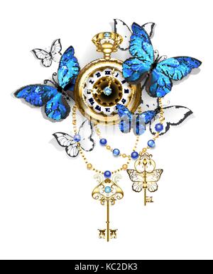 Oro antico orologio con blu e bianco farfalle morpho e chiavi d'oro su sfondo bianco. design con farfalle blu morpho. Illustrazione Vettoriale