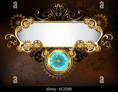 Banner meccanica con un antico orologio, decorata con oro e gli ingranaggi in ottone su un marrone ruggine. sfondo steampunk stile. Illustrazione Vettoriale