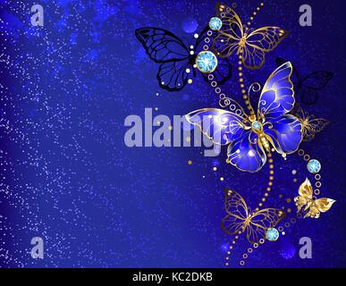 Dark, blu vellutato sfondo, decorate con gioielli zaffiro butterfly. golden butterfly morfo. Illustrazione Vettoriale