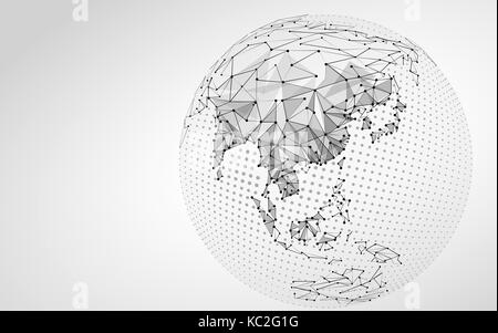 Mezzitoni globo grigio Punto di messa a terra di illustrazione della linea. asia india cina oceania punti di connessione a bassa poli mappa triangolo poligonale pianeta vettore monocromatica Illustrazione Vettoriale