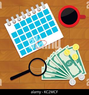 Stipendio concetto di denaro ogni mese cartoon vista dall'alto. aumento di stipendio, vettore denaro sui salari, indennità e indagine sulle retribuzioni illustrazione. overhead monthl Illustrazione Vettoriale