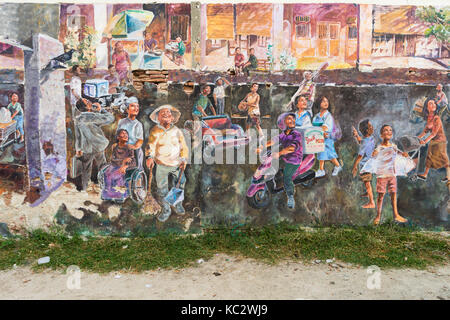 Georgetown, Penang, Malesia - 11 febbraio 2017:Arte di strada sul vecchio muro in mattoni a george città patrimonio mondiale Unesco, Penang malaysia Foto Stock